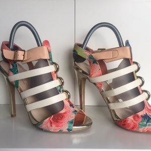 Floral strap gold metallic high heeled sandals